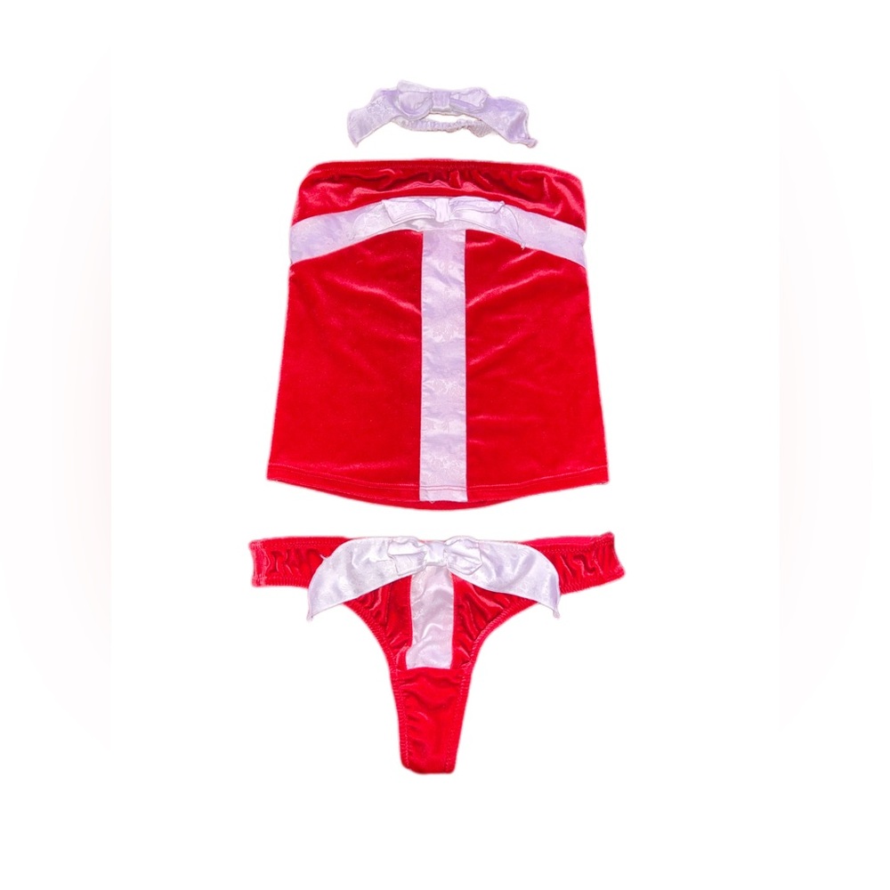 Christmas Red and White Lingerie 3 piece Set